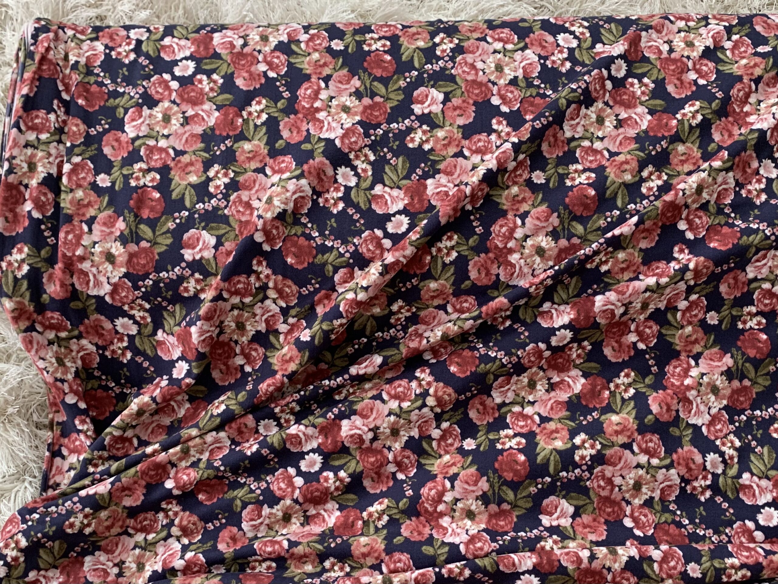 Double Brushed Poly Knit-Vintage Floral On Navy - Sew Pretty Fabric